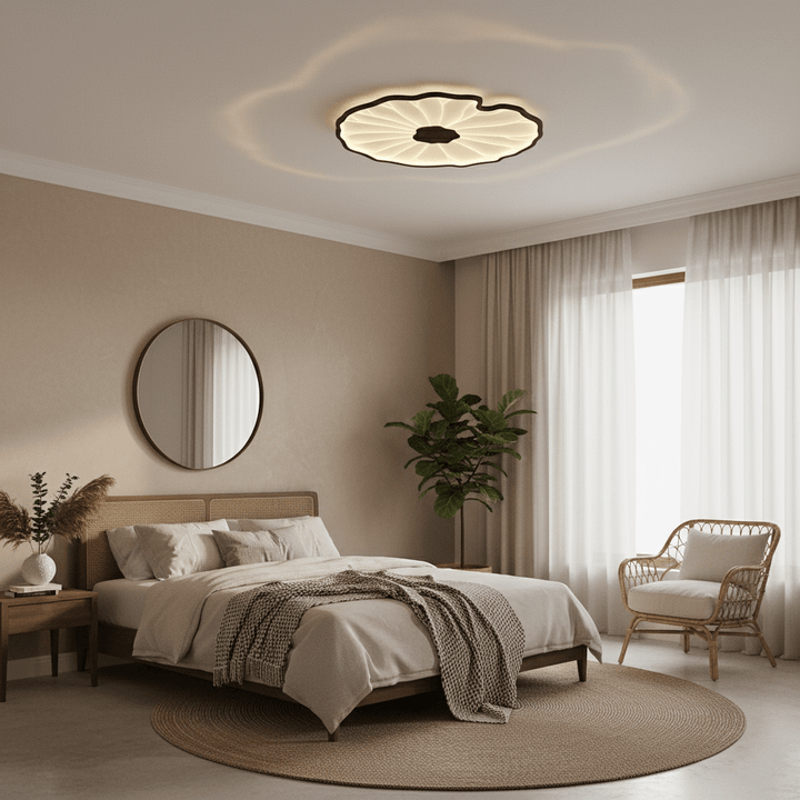 Lotus Leaf Flush Mount Light 11.8 in Acrylic Metal Ceiling Fixture Walnut Natural Wood Indoor Lighting | Kalsten