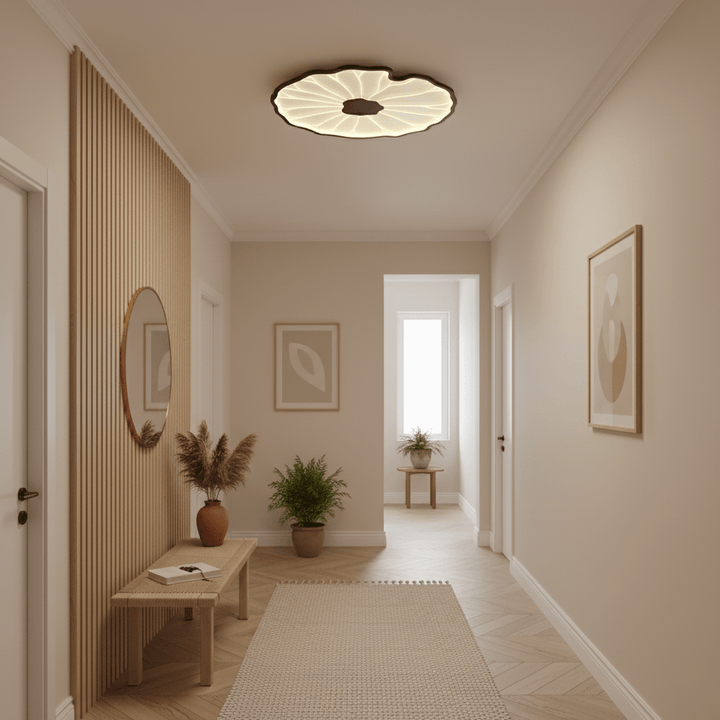 Lotus Leaf Flush Mount Light 11.8 in Acrylic Metal Ceiling Fixture Walnut Natural Wood Indoor Lighting | Kalsten