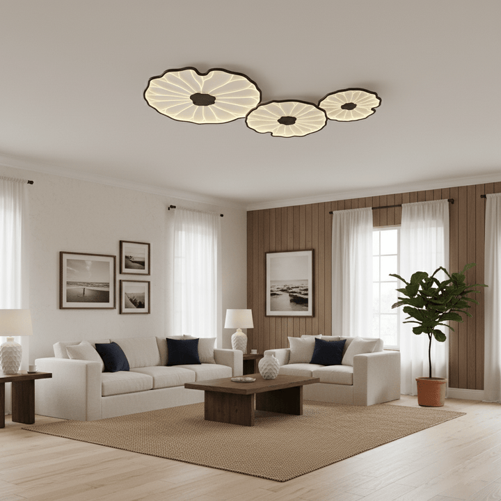 Lotus Leaf Flush Mount Light 11.8 in Acrylic Metal Ceiling Fixture Walnut Natural Wood Indoor Lighting | Kalsten