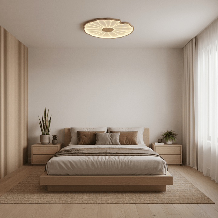Lotus Leaf Flush Mount Light 11.8 in Acrylic Metal Ceiling Fixture Walnut Natural Wood Indoor Lighting | Kalsten