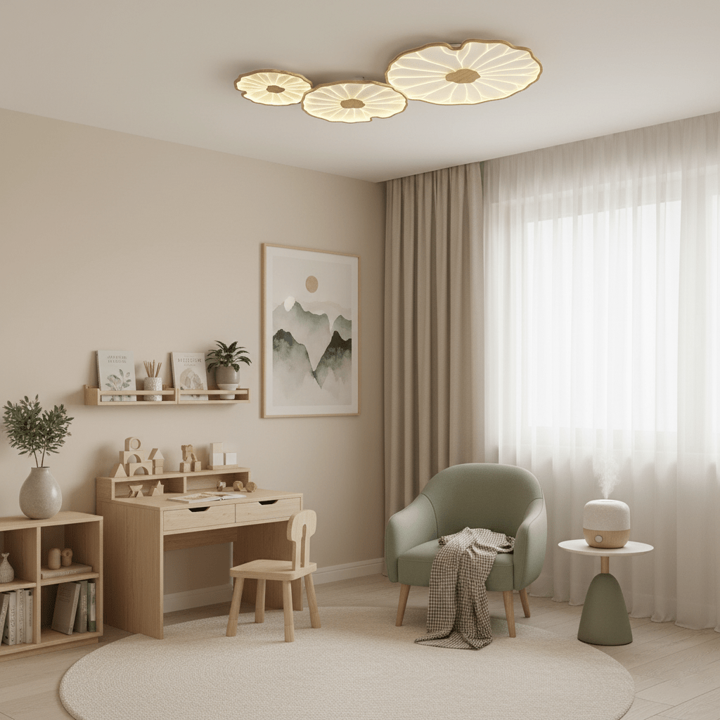 Lotus Leaf Flush Mount Light 11.8 in Acrylic Metal Ceiling Fixture Walnut Natural Wood Indoor Lighting | Kalsten