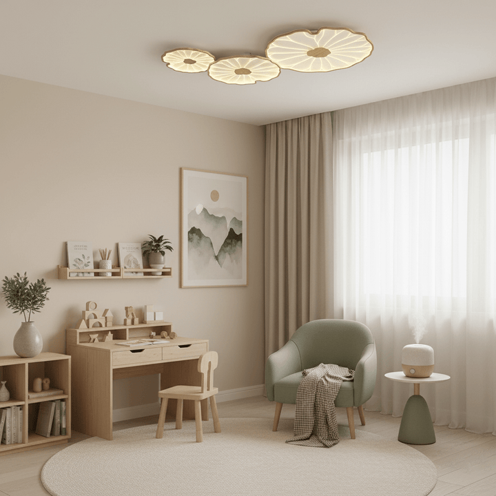 Lotus Leaf Flush Mount Light 11.8 in Acrylic Metal Ceiling Fixture Walnut Natural Wood Indoor Lighting | Kalsten