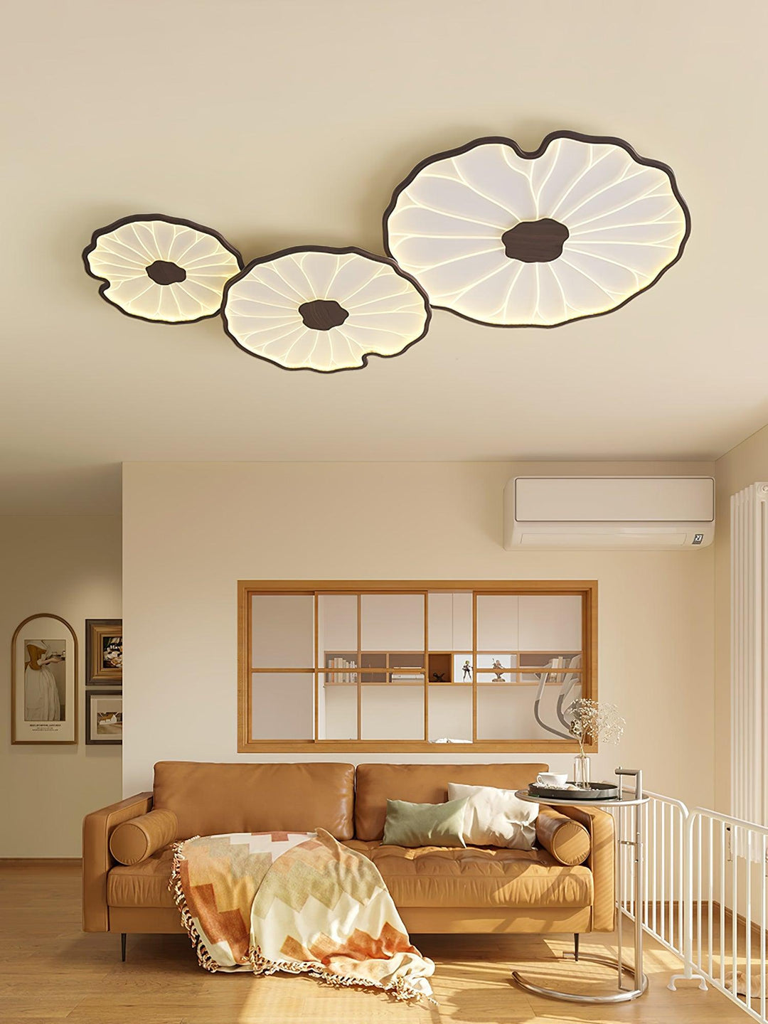 Lotus Leaf Flush Mount Light 11.8 in Acrylic Metal Ceiling Fixture Walnut Natural Wood Indoor Lighting | Kalsten
