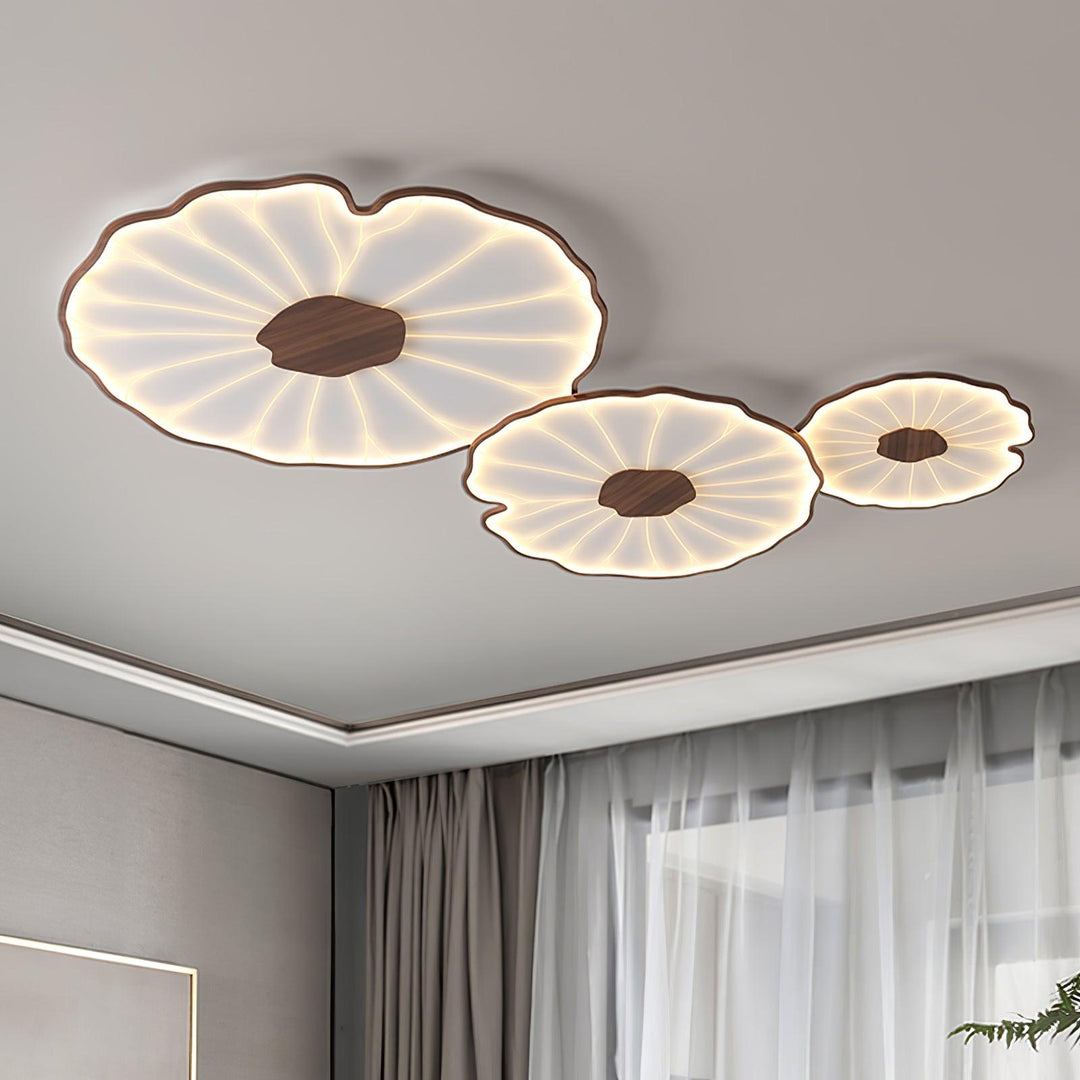 Lotus Leaf Flush Mount Light 11.8 in Acrylic Metal Ceiling Fixture Walnut Natural Wood Indoor Lighting | Kalsten