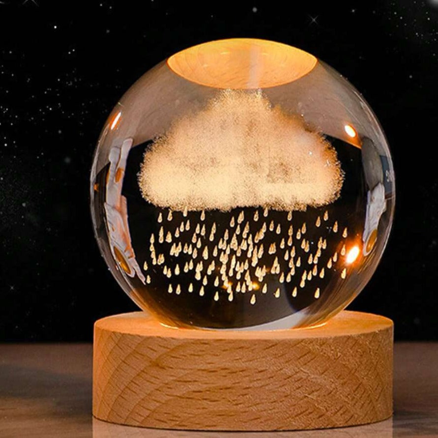 Glowing crystal ball with LED – Decorative 3D glass ball with galaxy design and wooden base | Kalsten