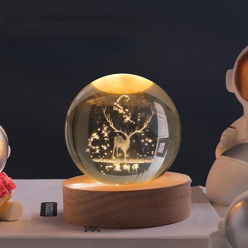 Glowing crystal ball with LED – Decorative 3D glass ball with galaxy design and wooden base | Kalsten