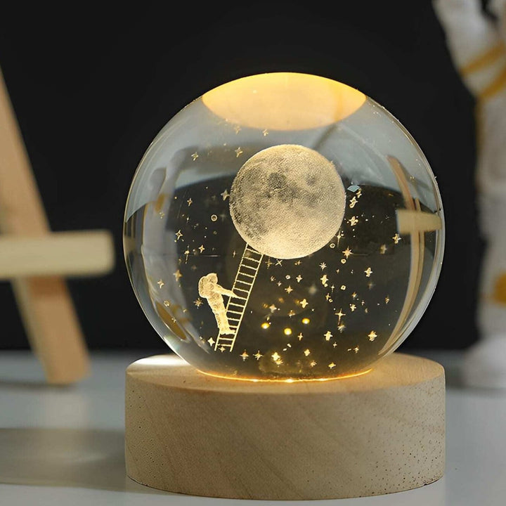 Glowing crystal ball with LED – Decorative 3D glass ball with galaxy design and wooden base | Kalsten