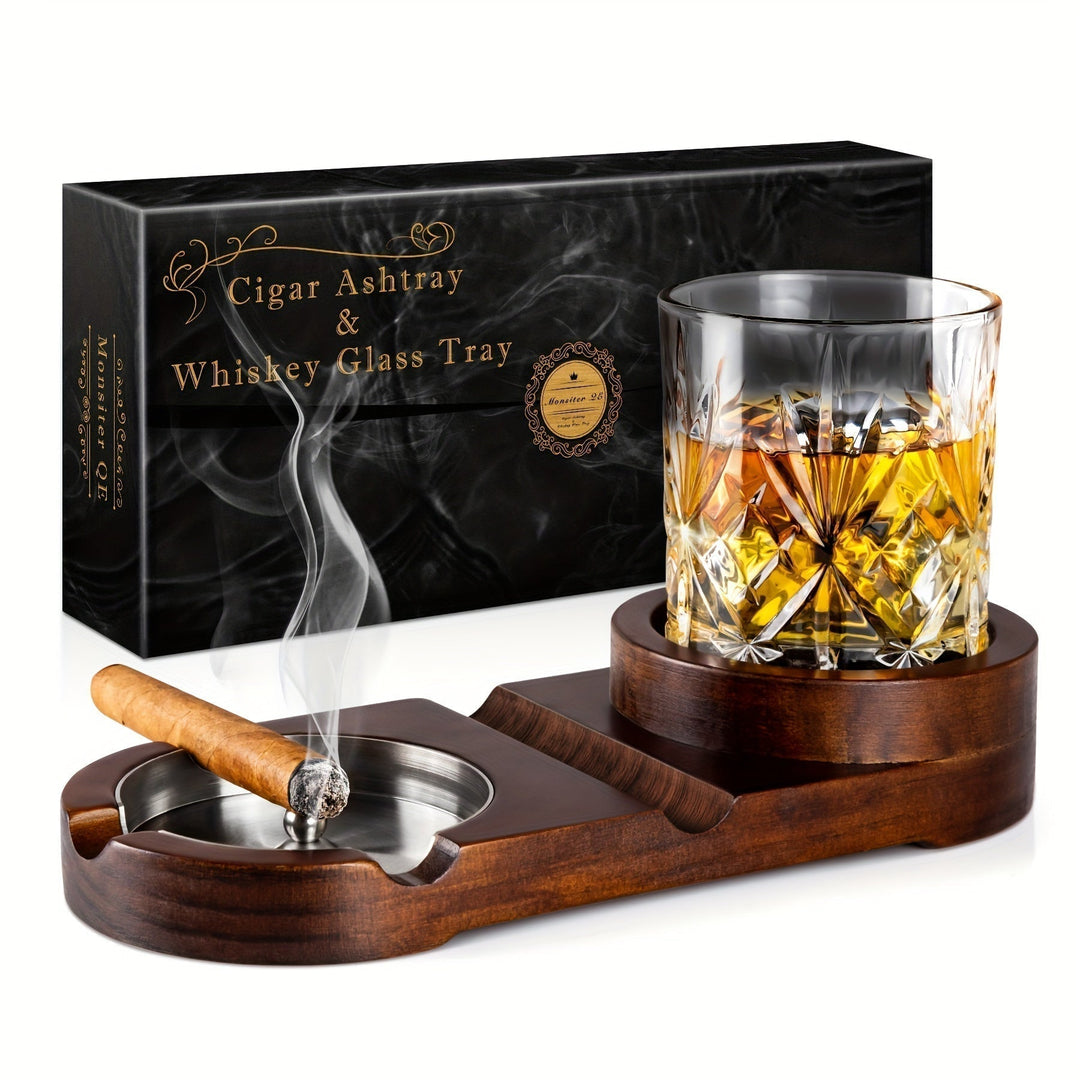 Kalsten | CigarOak Ashtray with Whiskey Holder – Luxury Wooden Tray for Cigar Lovers