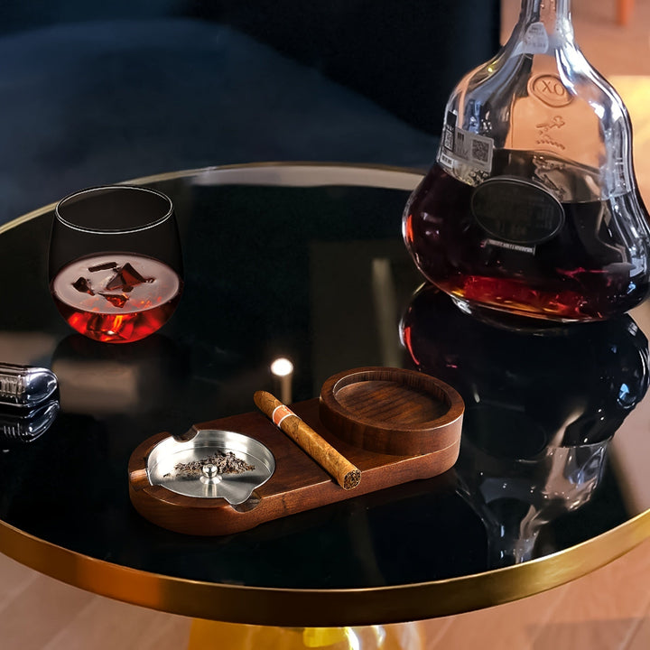 Kalsten | CigarOak Ashtray with Whiskey Holder – Luxury Wooden Tray for Cigar Lovers