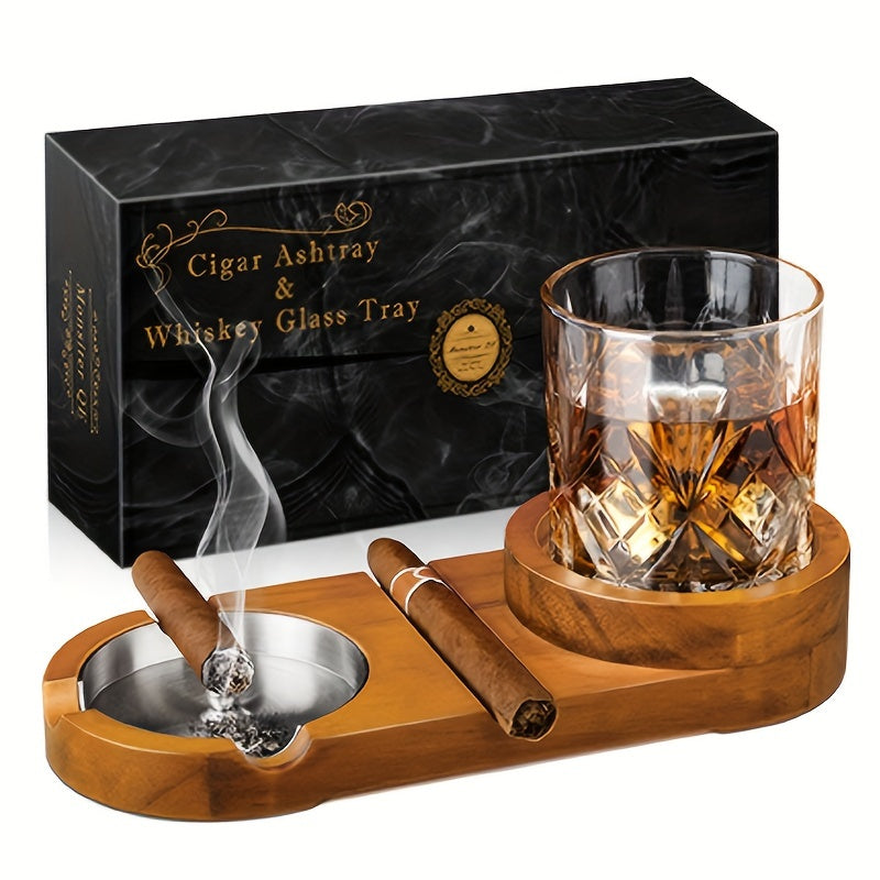Kalsten | CigarOak Ashtray with Whiskey Holder – Luxury Wooden Tray for Cigar Lovers