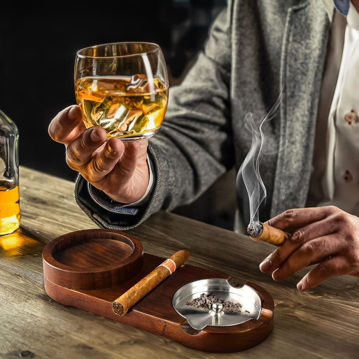 Kalsten | CigarOak Ashtray with Whiskey Holder – Luxury Wooden Tray for Cigar Lovers
