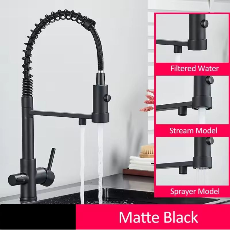 Sandsberg Black Filter Kitchen Faucet with Double Outlet – Mixer Tap with Water Filter for Kitchen, Water Treatment and Cleaning | Skanto