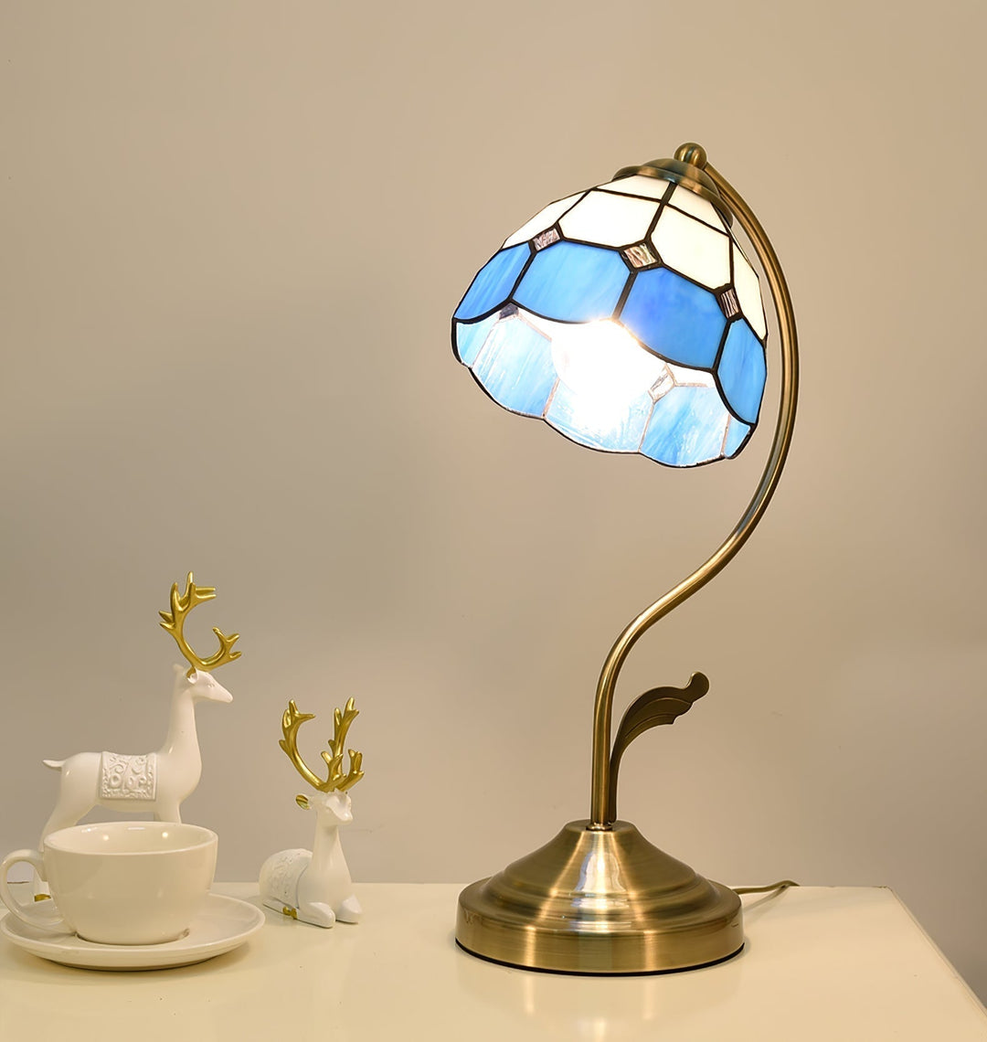LuxePetal – White and Blue Glass Floral Table Lamp in Gold | Kalsten