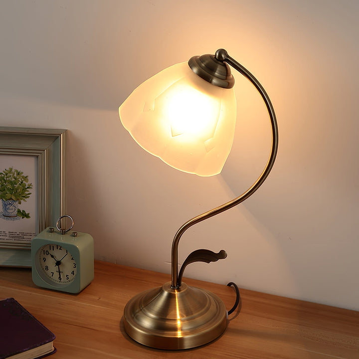 LuxePetal – White and Blue Glass Floral Table Lamp in Gold | Kalsten