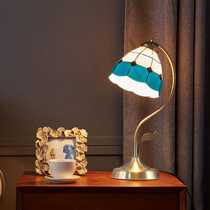 LuxePetal – White and Blue Glass Floral Table Lamp in Gold | Kalsten