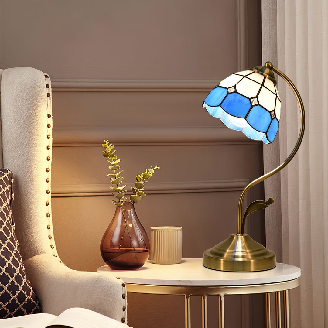 LuxePetal – White and Blue Glass Floral Table Lamp in Gold | Kalsten