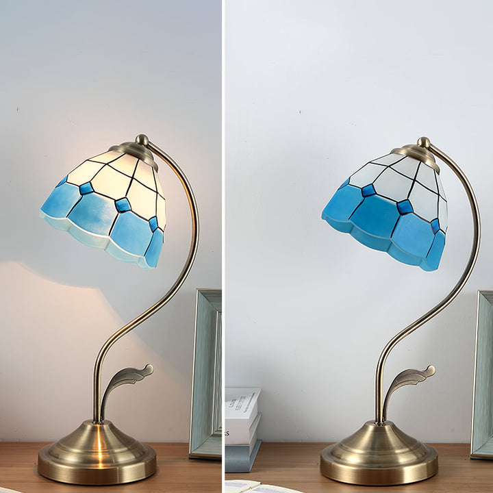 LuxePetal – White and Blue Glass Floral Table Lamp in Gold | Kalsten