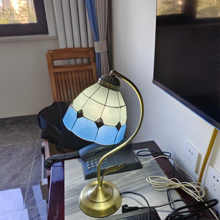 LuxePetal – White and Blue Glass Floral Table Lamp in Gold | Kalsten