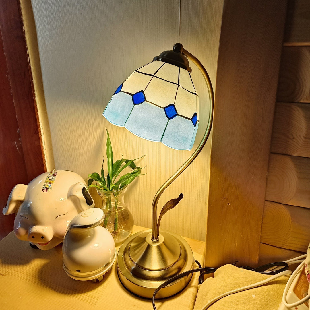 LuxePetal – White and Blue Glass Floral Table Lamp in Gold | Kalsten