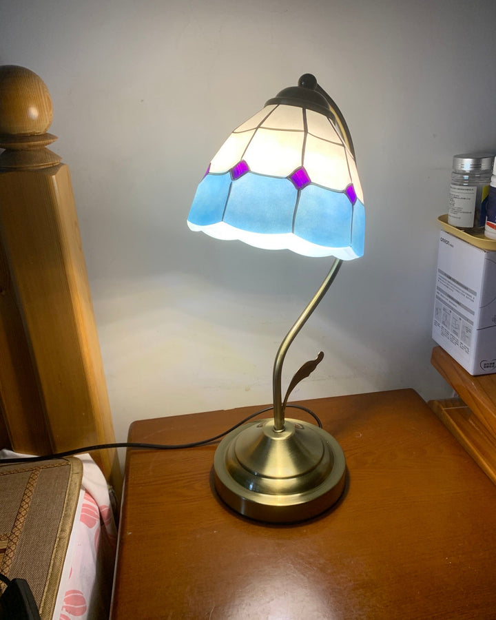 LuxePetal – White and Blue Glass Floral Table Lamp in Gold | Kalsten