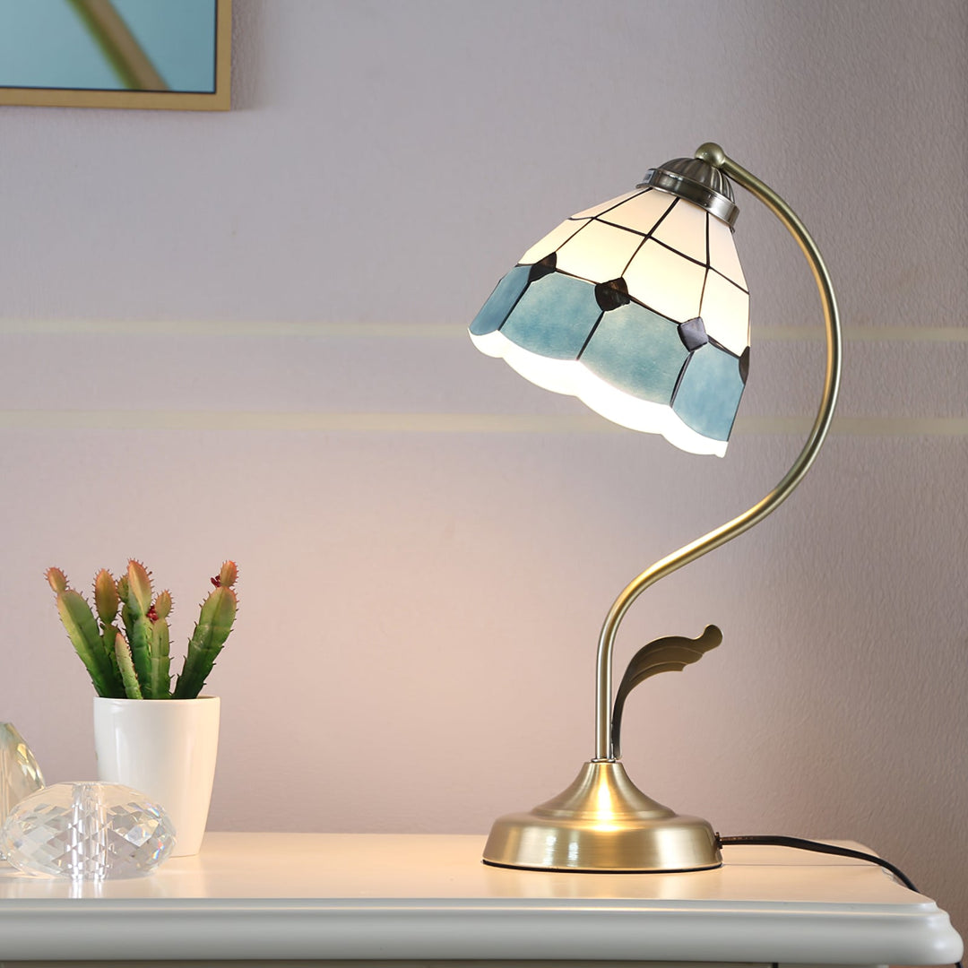 LuxePetal – White and Blue Glass Floral Table Lamp in Gold | Kalsten