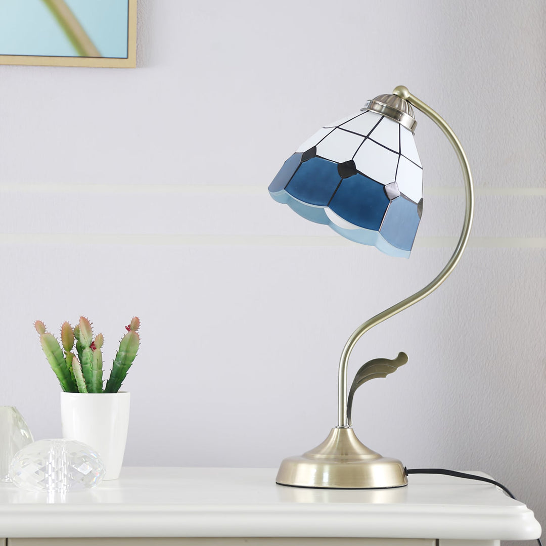 LuxePetal – White and Blue Glass Floral Table Lamp in Gold | Kalsten