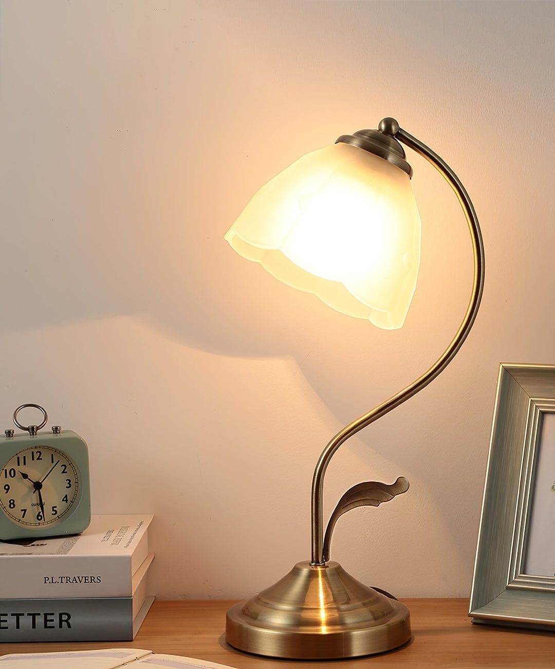 LuxePetal – White and Blue Glass Floral Table Lamp in Gold | Kalsten