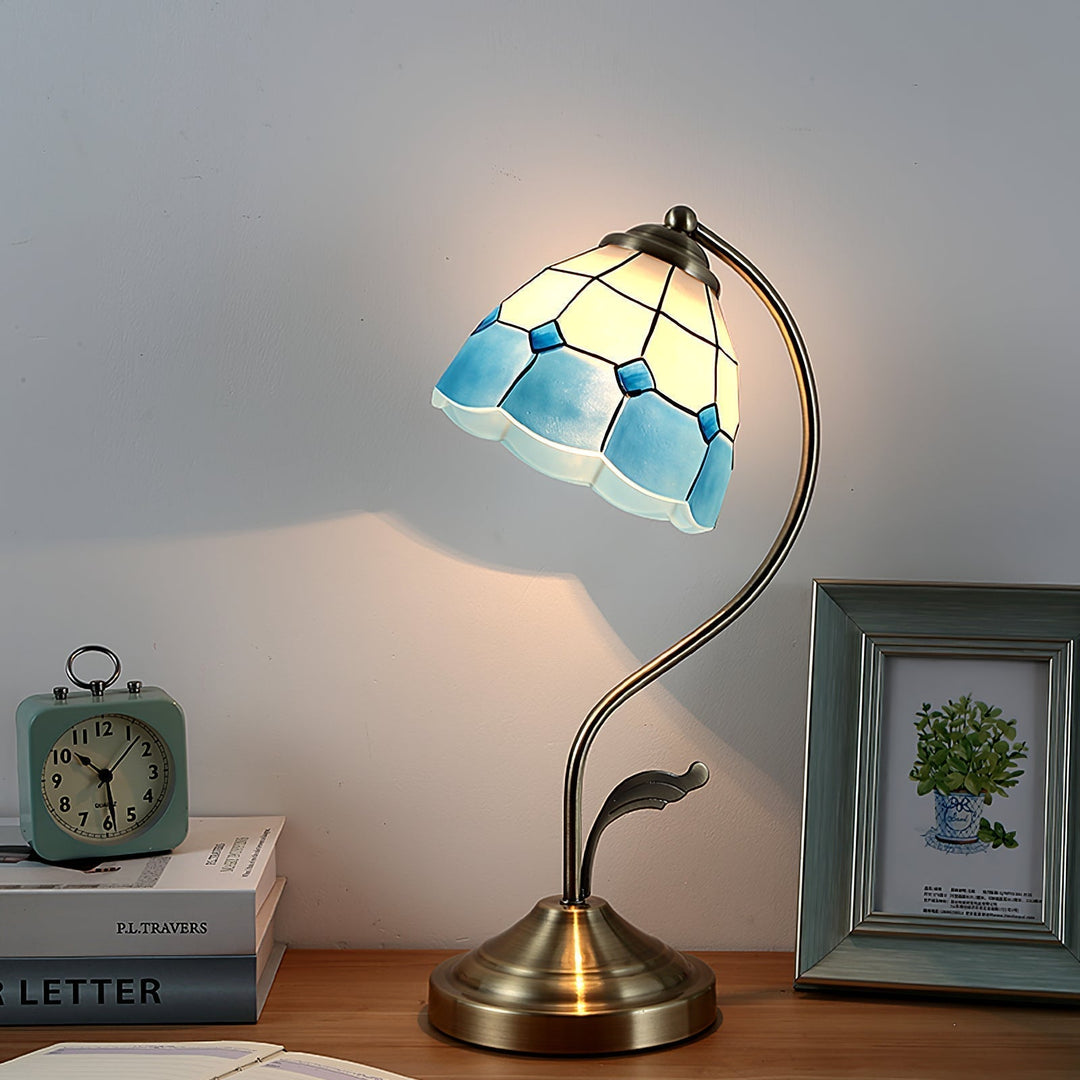 LuxePetal – White and Blue Glass Floral Table Lamp in Gold | Kalsten