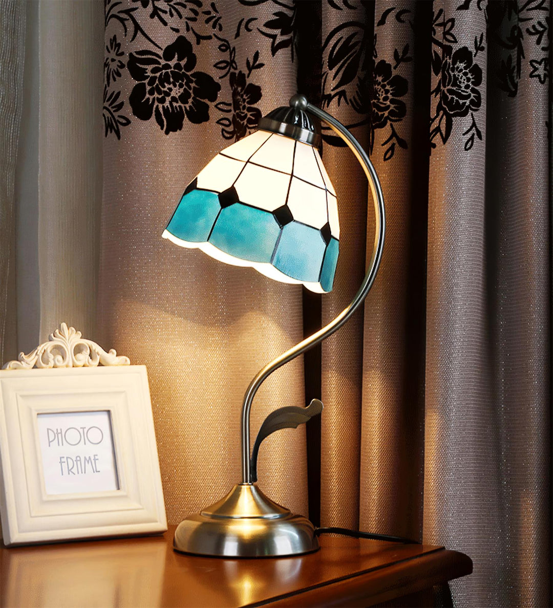 LuxePetal – White and Blue Glass Floral Table Lamp in Gold | Kalsten