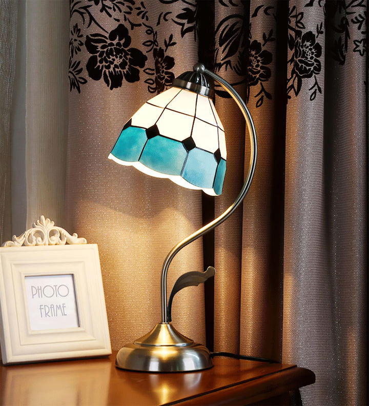LuxePetal – White and Blue Glass Floral Table Lamp in Gold | Kalsten