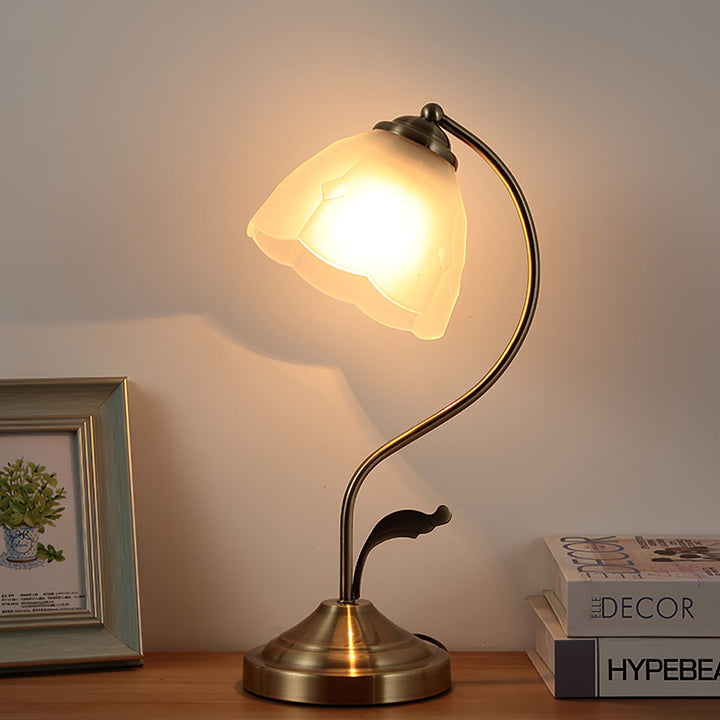 LuxePetal – White and Blue Glass Floral Table Lamp in Gold | Kalsten