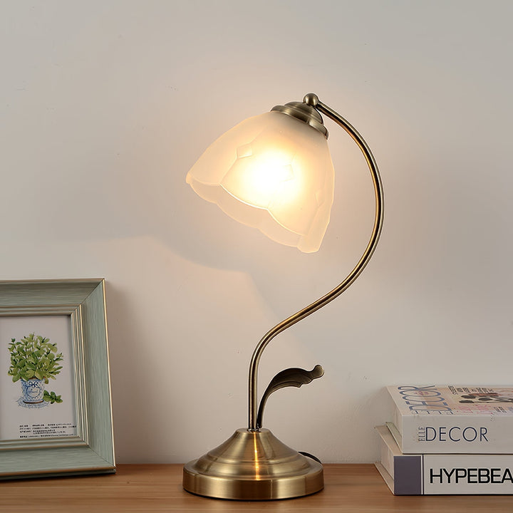 LuxePetal – White and Blue Glass Floral Table Lamp in Gold | Kalsten