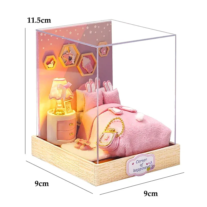 Skanto | Miniature Wooden Dollhouse – Creative Building Kit with LED Lights & Furniture