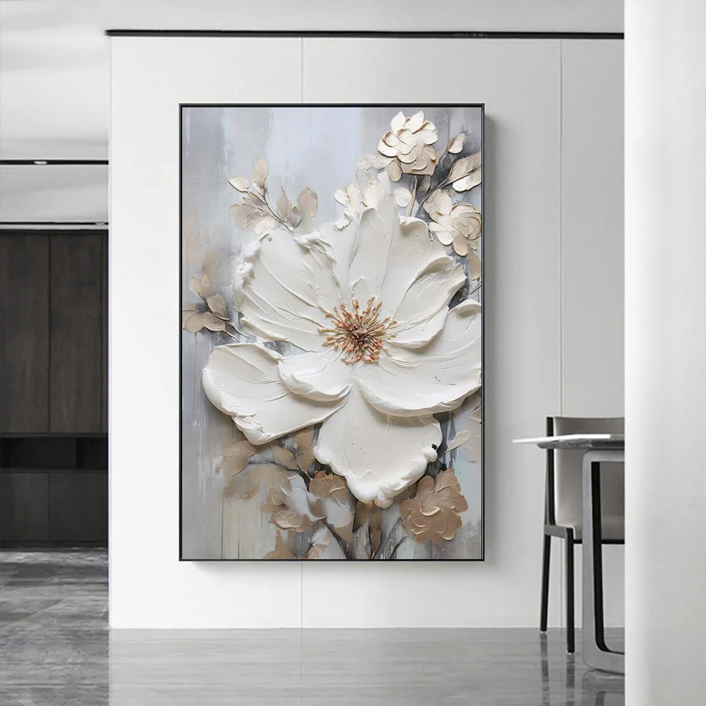 Modern Abstract White Floral Wall Art Fine Art Canvas Prints Bright Luxury Botanical Pictures For Living Room Entrance Hallway Wall | Karnz