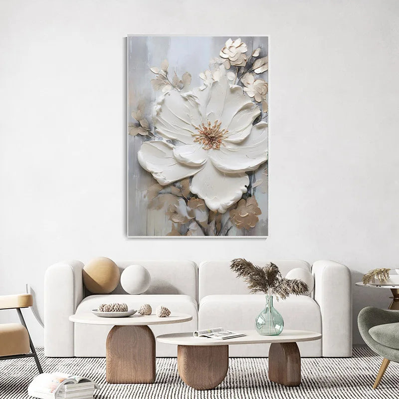Modern Abstract White Floral Wall Art Fine Art Canvas Prints Bright Luxury Botanical Pictures For Living Room Entrance Hallway Wall | Karnz