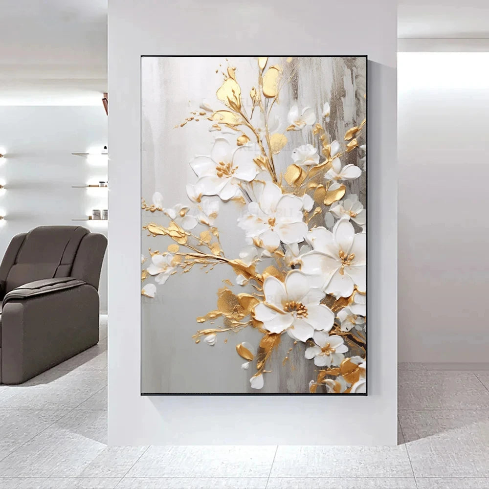 Modern Abstract White Floral Wall Art Fine Art Canvas Prints Bright Luxury Botanical Pictures For Living Room Entrance Hallway Wall | Karnz