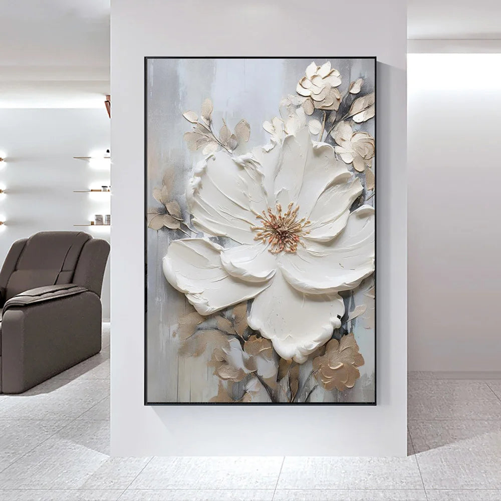 Modern Abstract White Floral Wall Art Fine Art Canvas Prints Bright Luxury Botanical Pictures For Living Room Entrance Hallway Wall | Karnz