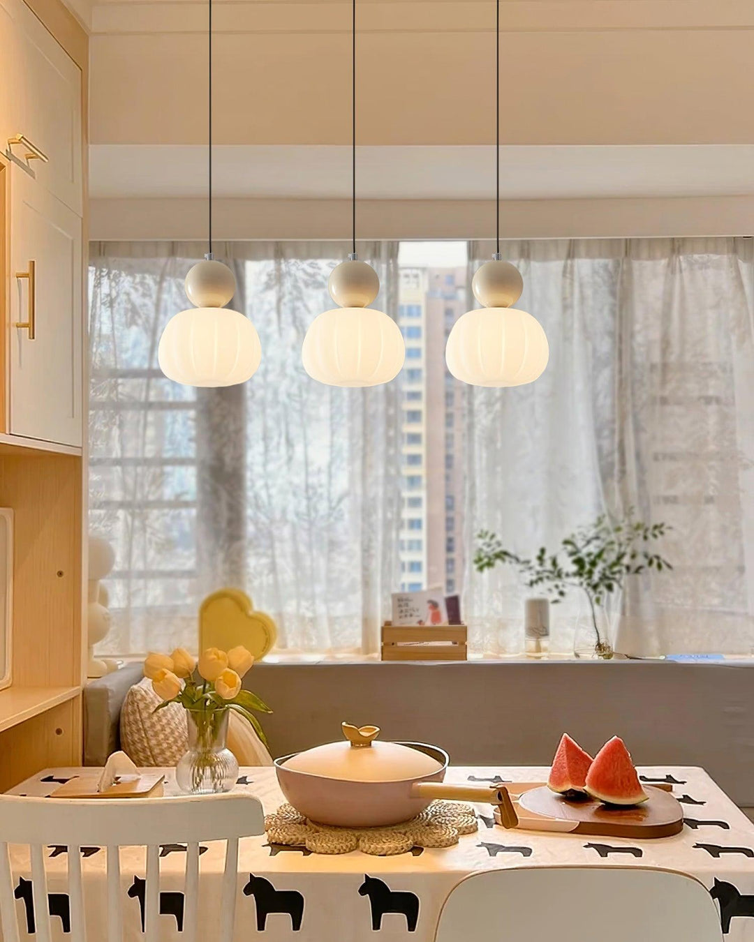 Pendant Light Acrylic Pumpkin Shade 5.5 in White Dining Room Bedroom Hanging Ceiling Fixture Adjustable Cord | Kalsten