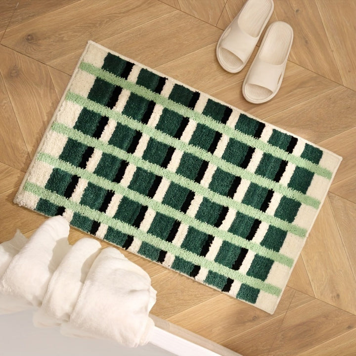 Kalsten | Moss Green Geometric Flock Bath Mat
