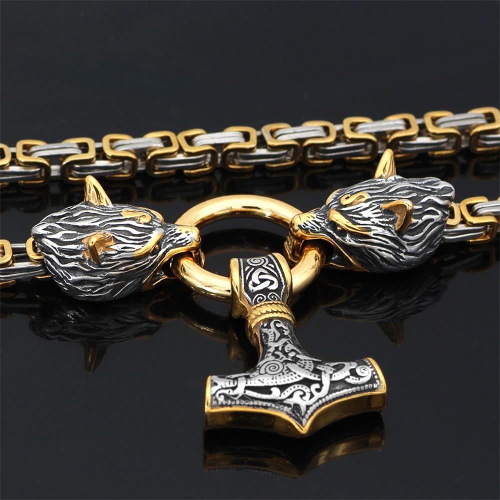 Skanto | 60–90 cm Stainless Steel Double Wolf Head & Mjolnir Survival Segment Necklace/Bracelet