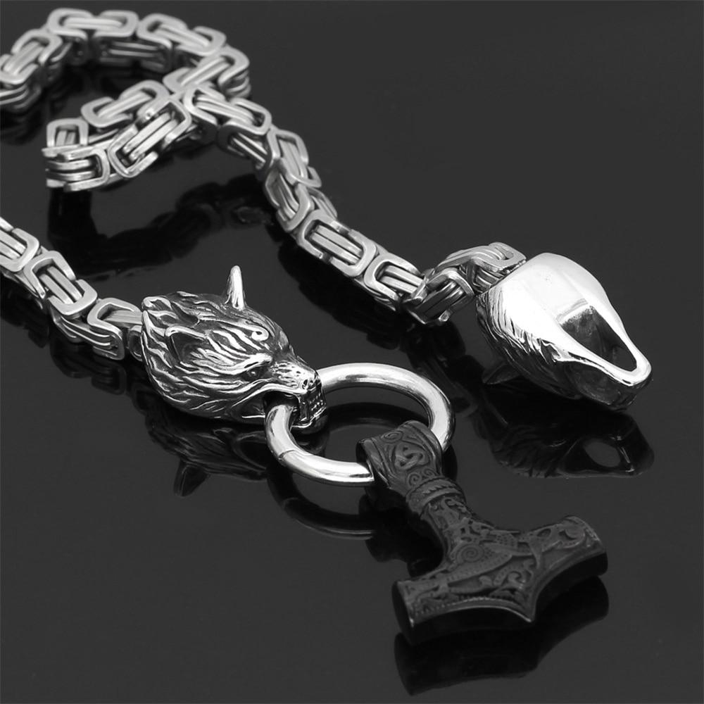 Skanto | 60–90 cm Stainless Steel Double Wolf Head & Mjolnir Survival Segment Necklace/Bracelet