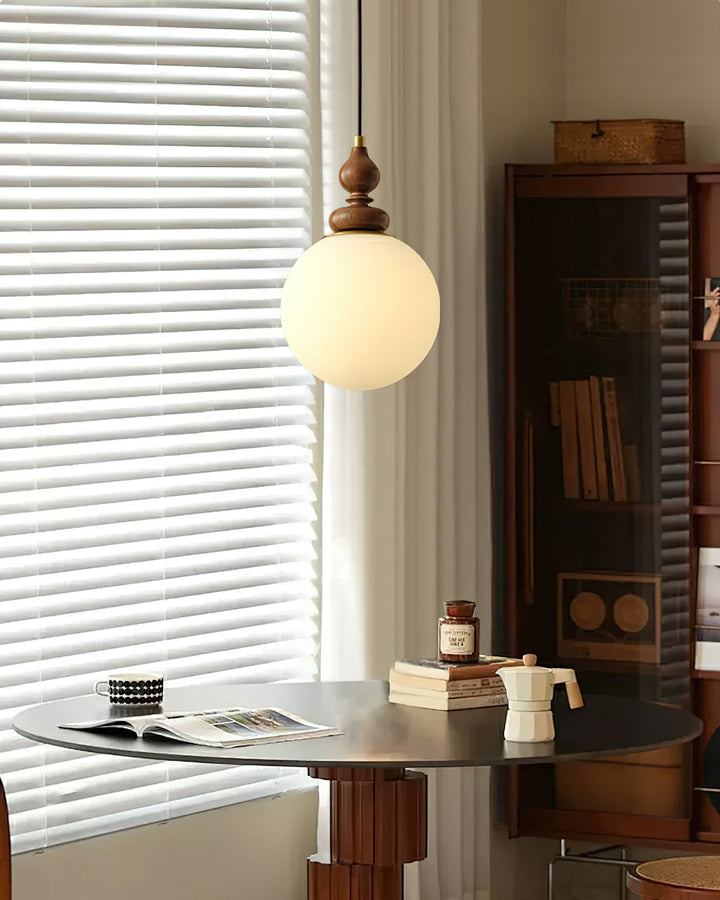 Pendant Light Wood 7.1 in Diameter Milky White Glass Adjustable Ceiling Dining Room Bedroom Lighting | Kalsten