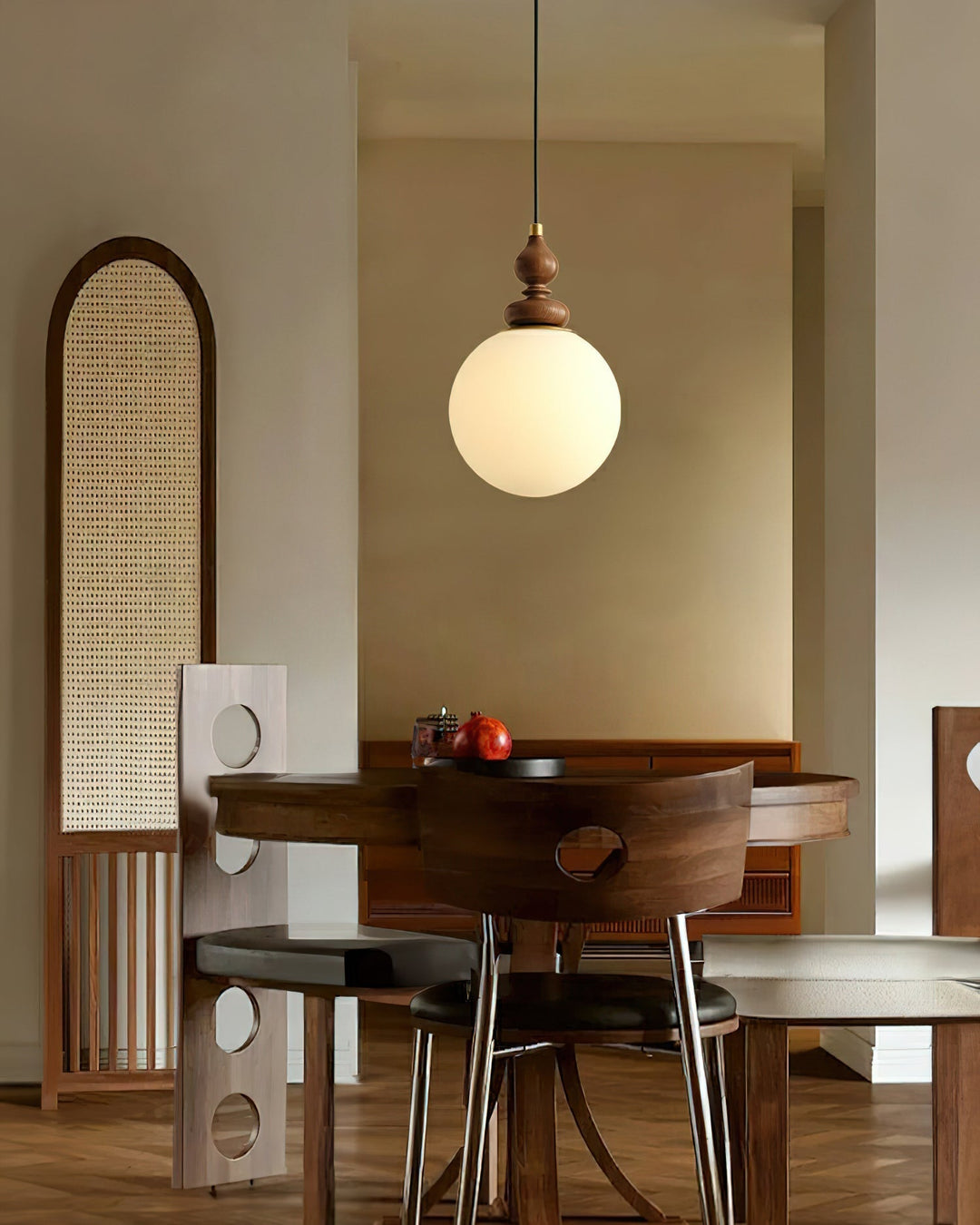 Pendant Light Wood 7.1 in Diameter Milky White Glass Adjustable Ceiling Dining Room Bedroom Lighting | Kalsten