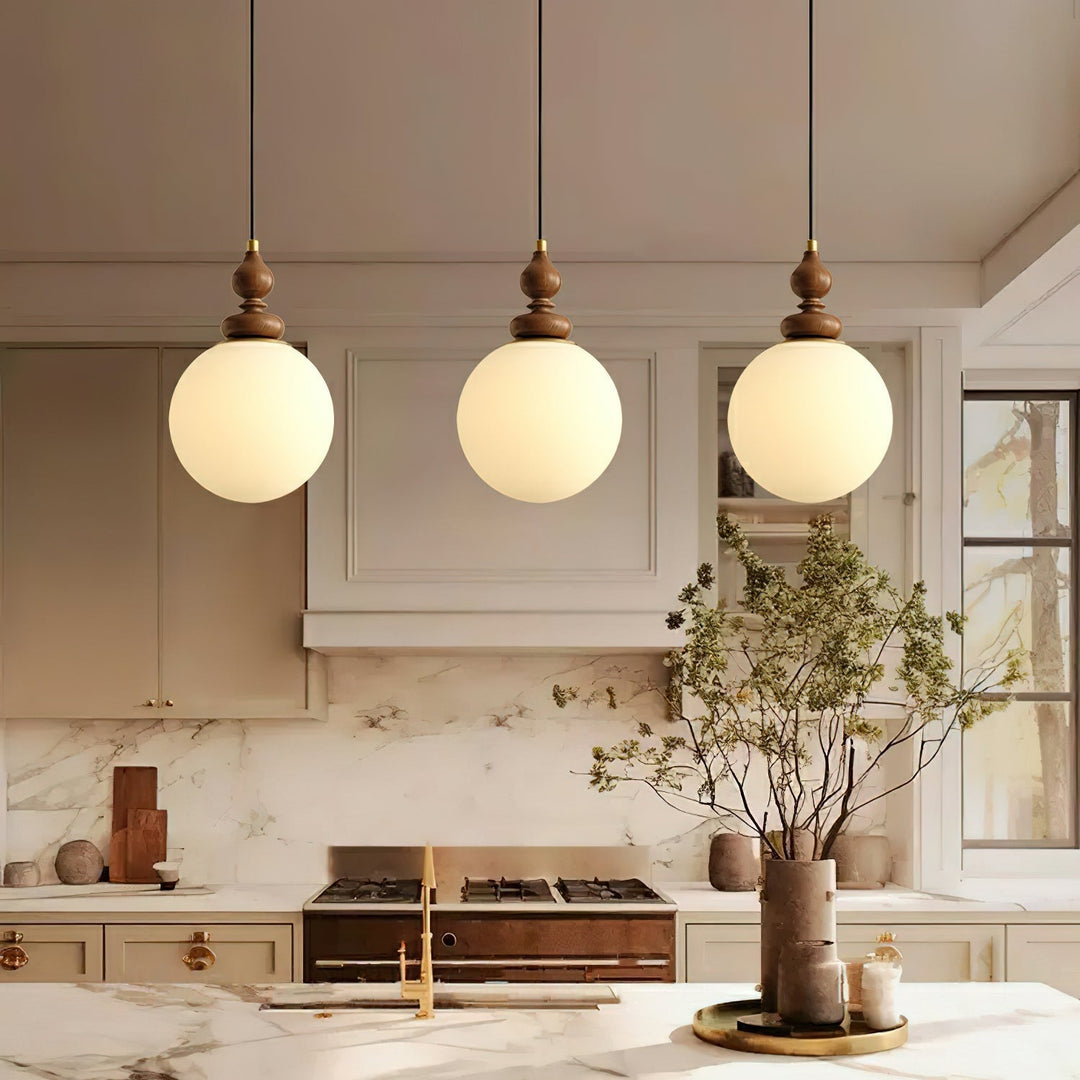 Pendant Light Wood 7.1 in Diameter Milky White Glass Adjustable Ceiling Dining Room Bedroom Lighting | Kalsten