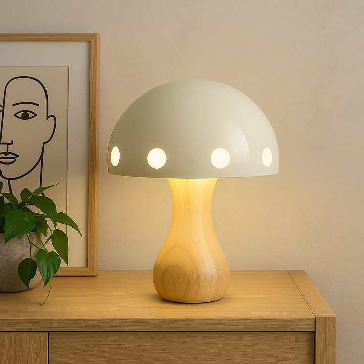 Modern LED Mushroom Table Lamp – Elegant Accent for Dining Room and Bar, Wood, Resin, Iron, 30 cm Height | Kalsten