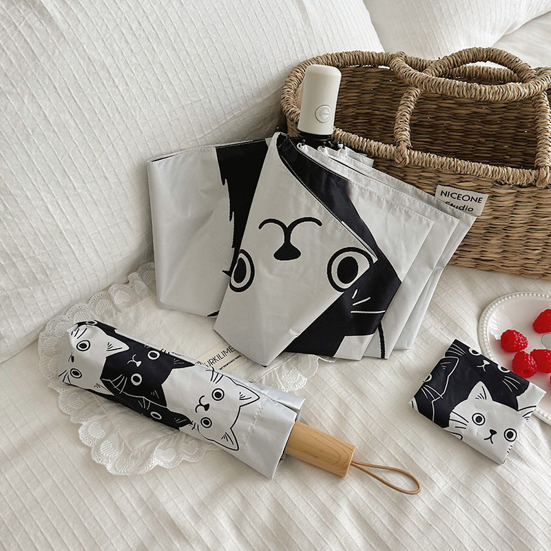 Women Folding Umbrella with Playful Cat Pattern Kalsten