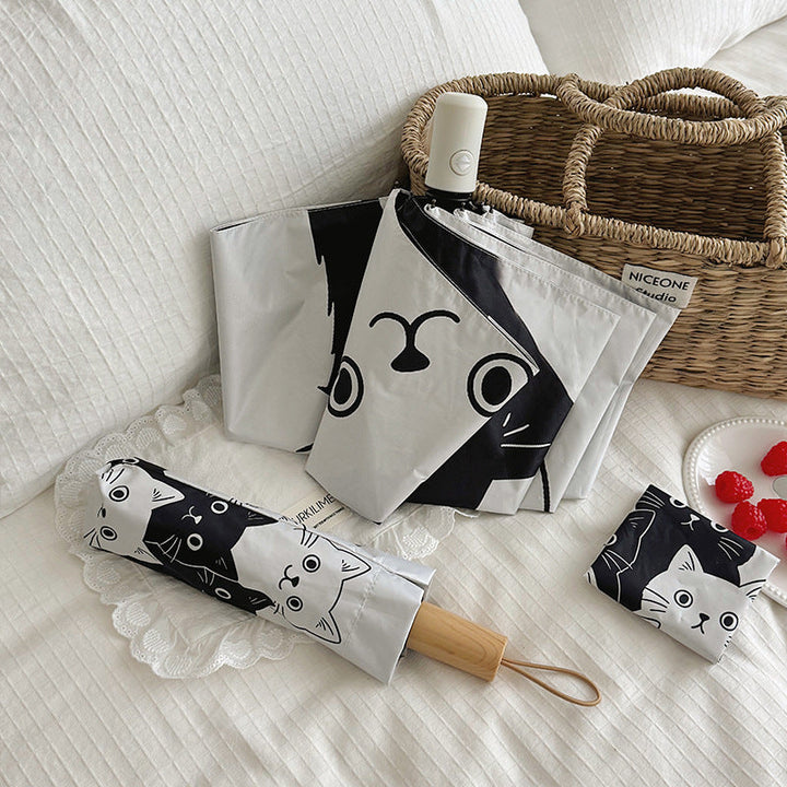 Women Folding Umbrella with Playful Cat Pattern Kalsten