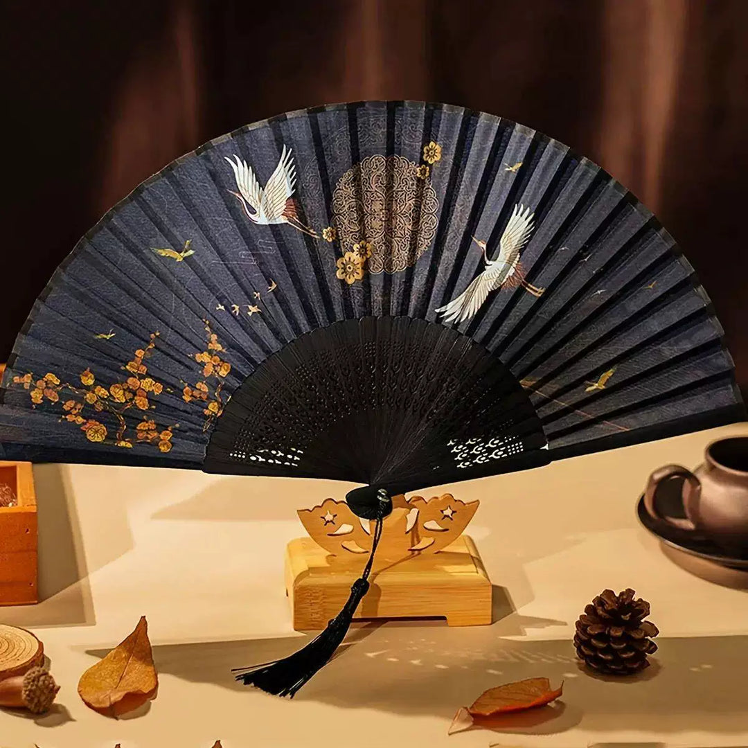 Ladies One Size hand-painted crane and plum blossom fan with carved wood ribs and silk tassel Kalsten