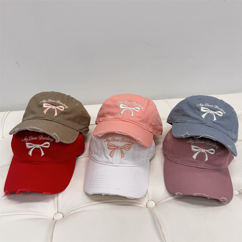 Women's Distressed Cotton Baseball Cap with Bow Embroidery Kalsten