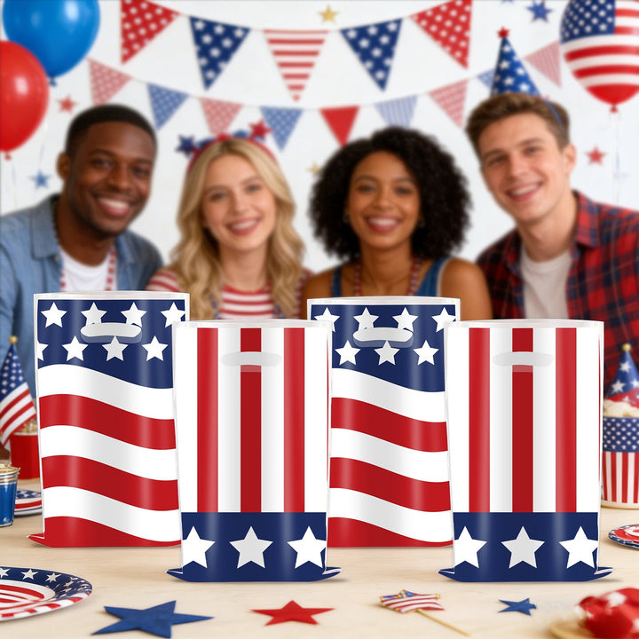 Unisex nan gift bags set with USA flag motif made of sturdy plastic and integrated handle ten pack Kalsten